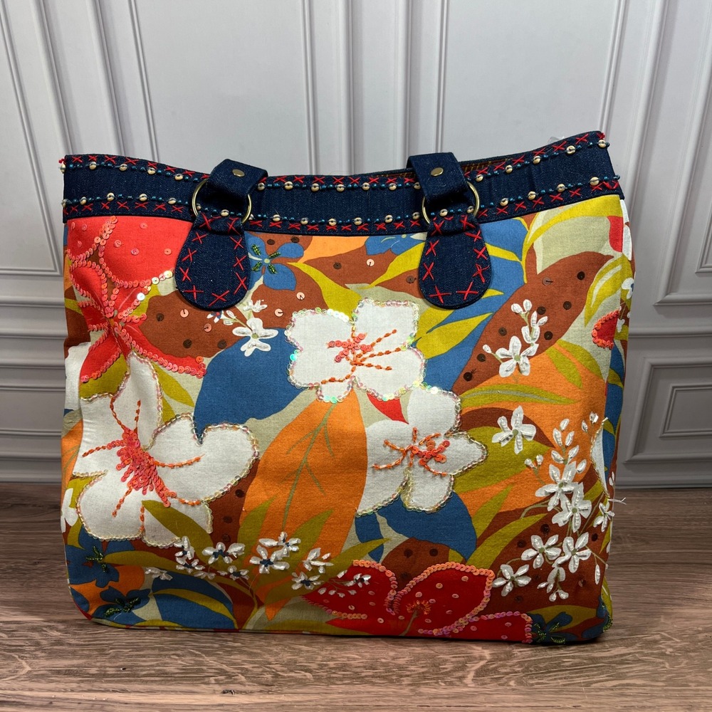 Usindo‎ Handmade Tote Bag Floral Embellished Sequins Beaded Denim Top Handle
